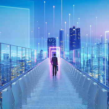 Businessman walking on futuristic bridge to glowing portal above cityscape